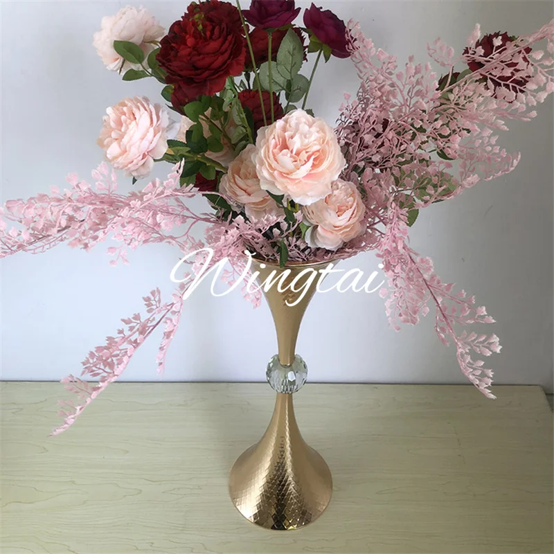 

10PCS Gold Vase Trumpet Shape Crystal Wedding Table Centerpiece Event Road Lead Delicate Flower Vases For Wedding Decoration