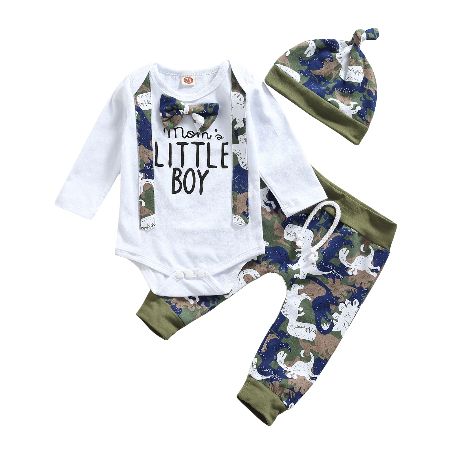 

Baby Dinosaur Print Round Neck Long Sleeve Romper Long Pants Hat for Toddler Boys