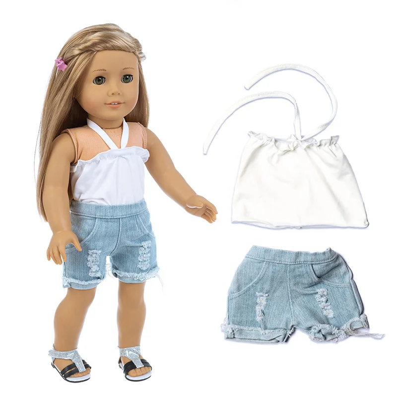 

For American Og Girl Dolls 18 inch Baby White Doll Clothes Accessories The New Off Shoulder Top And Jeans Set Is Suitable