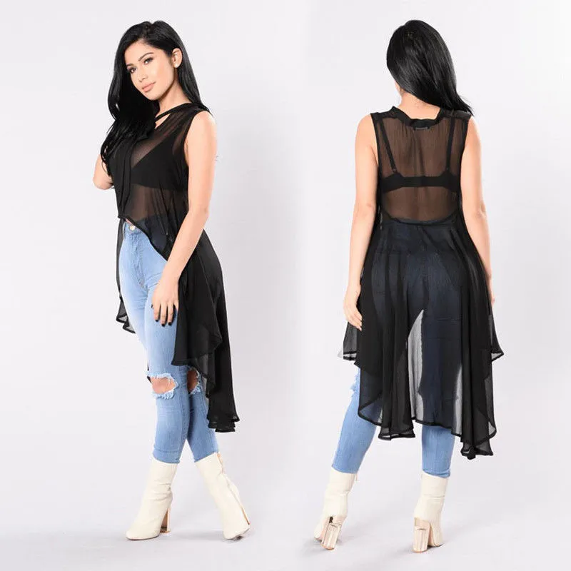 

2020 Sexy Perspective Shirts Women See Through Sheer Solid Color Sleeveless Shirts Tops Summer Tops Shirt Blouse