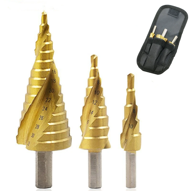 

Набор ступенчатых сверл, комплект из 3 насадок 4-12/20/32 мм, из быстрорежущей стали с титановым покрытием для работ по дереву