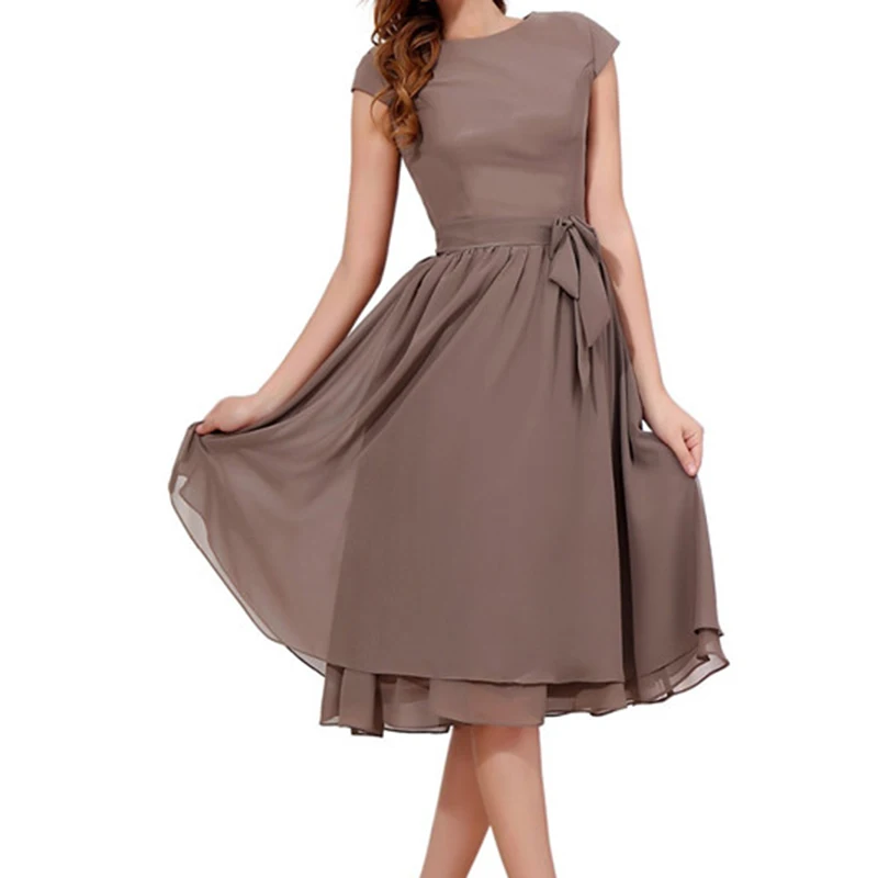 Коричневые платья для матери невесты трапециевидные шифоновые длиной до колена