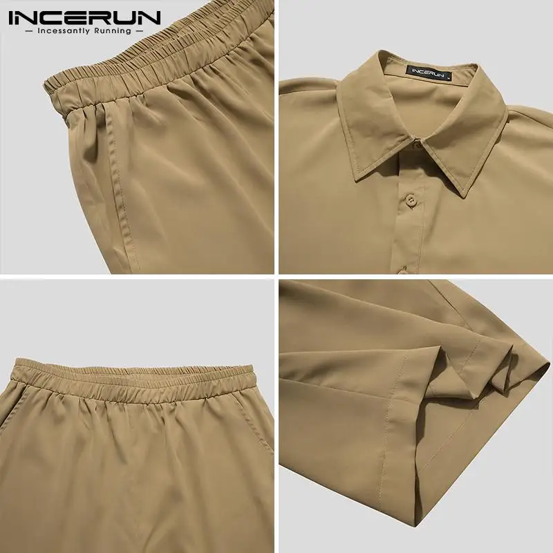 

INCERUN Men Sets Streetwear Solid Lapel Short Sleeve Shirt Elastic Waist Shorts Loose Fashion Men Casual Suit 2 Pieces S-5XL
