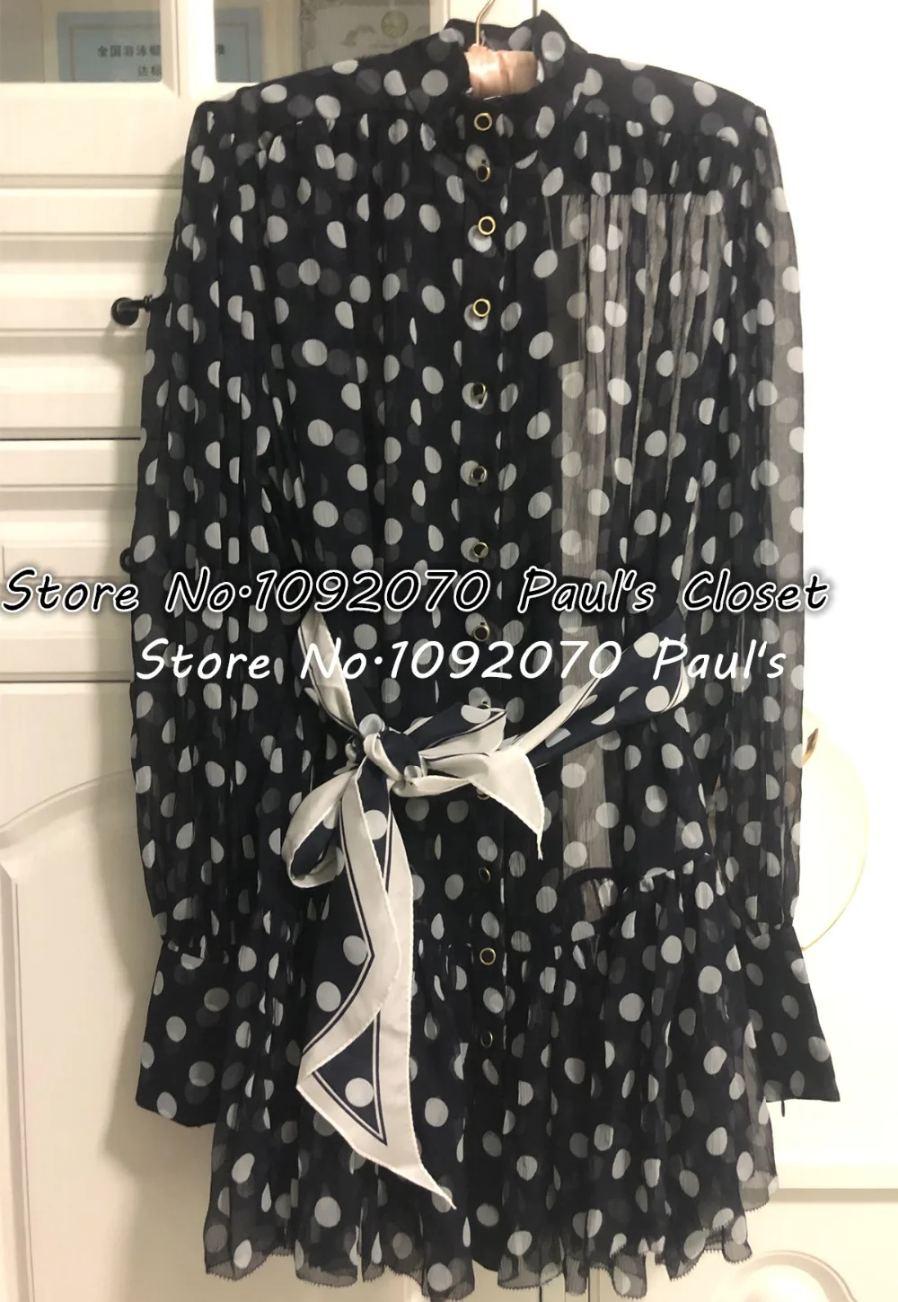 Women High collar Midnignt Dot Spot Print Silk Mini Dress