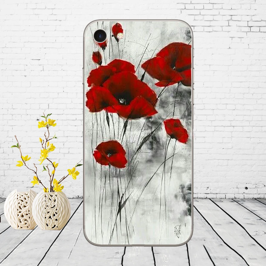 63dd red poppies on black style soft silicone cover case for iphone 5 5s se 6 6s 8 plus 7 7 plus x xs sr max case free global shipping