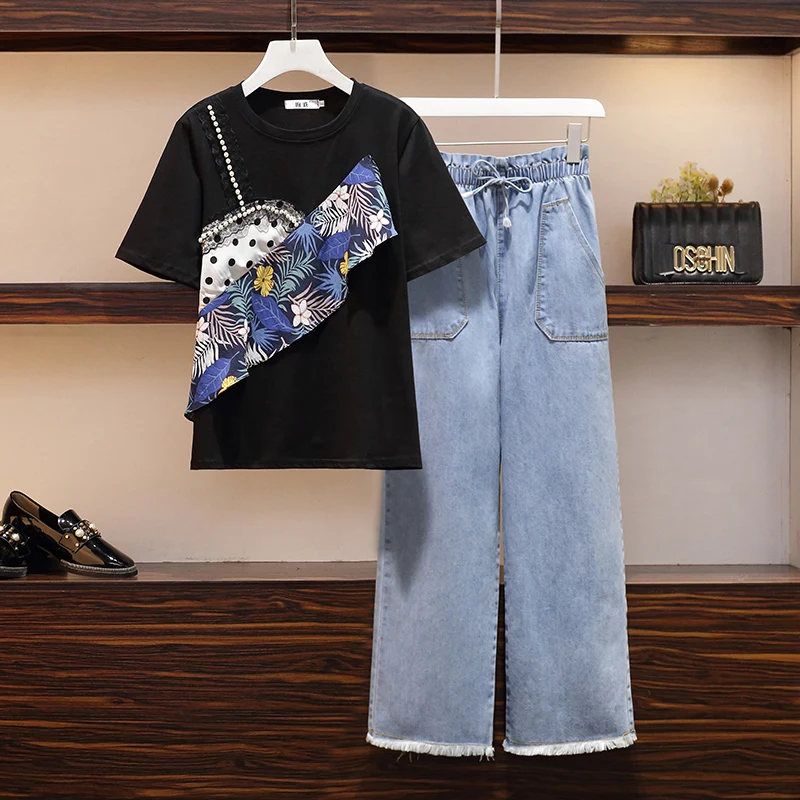 Женский джинсовый костюм из двух предметов свободная футболка с оборками и