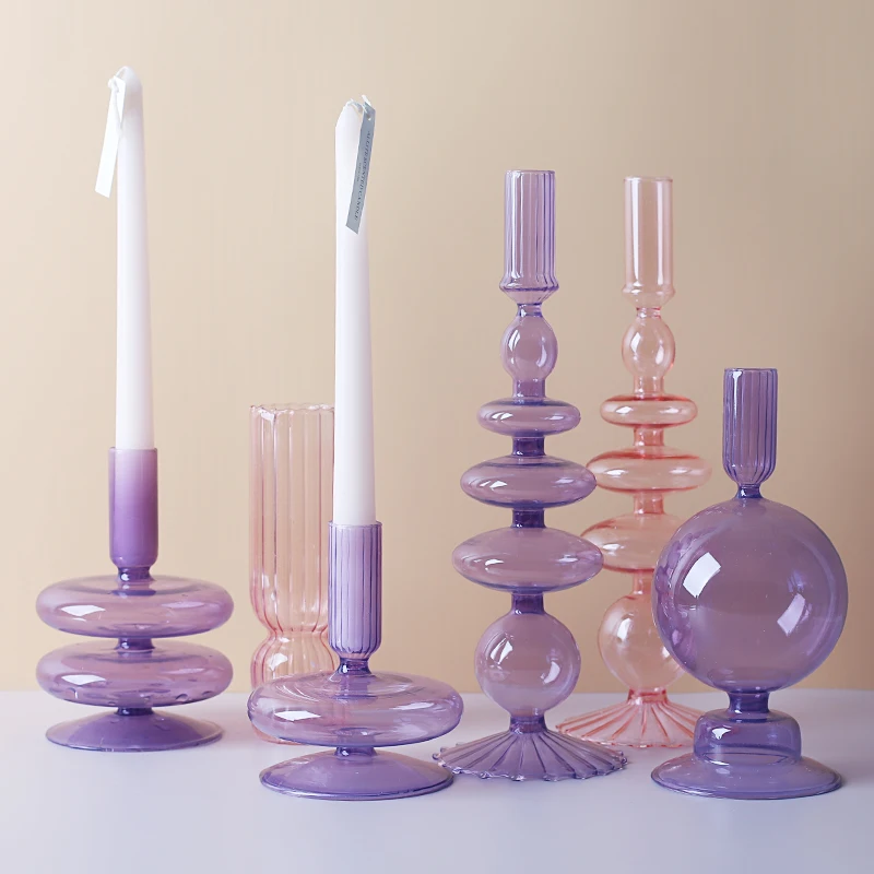 

Nordic romantic Glass candle holders purple pink wedding centerpieces Bougeoir candlestick home living room decoration portavela