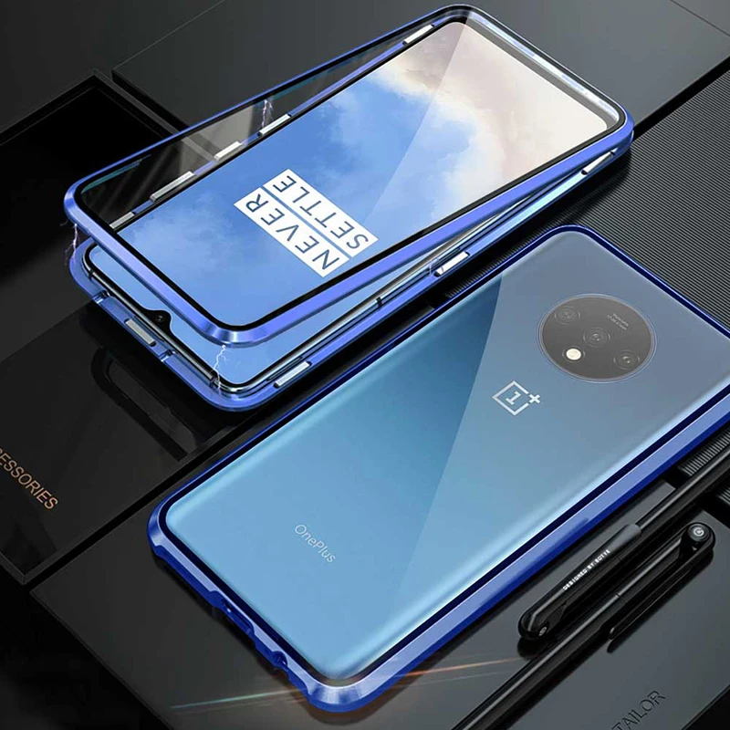 Синий Natrberg Магнитный чехол для Oneplus 7 T чехол металлический 360 полный двойной закаленное Стекло жесткая задняя панель на Oneplus One Plus 7 T чехол - Цвет: Синий