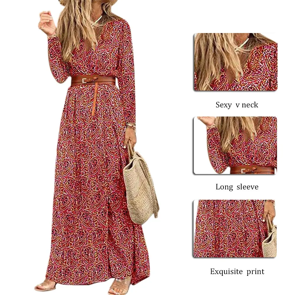 

Women Chiffon Long Dress Floral Print Lantern Sleeve A-line Maxi Vestidos Autumn New Elegant Vintage V Neck Spring Dresses