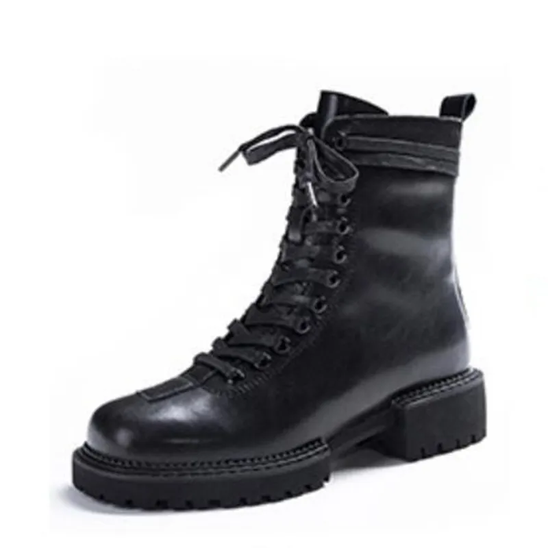 

ZXRYXGS Black Cowhide Lace-up Martin Boots Autumn Women Boots 2022 New British Style Genuine Leather Boots Women Knight Boots