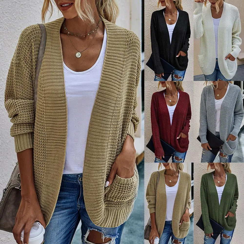 

Women Long Sleeve Open Front Pockets Cardigan Knitted Draped Sweater Outwear