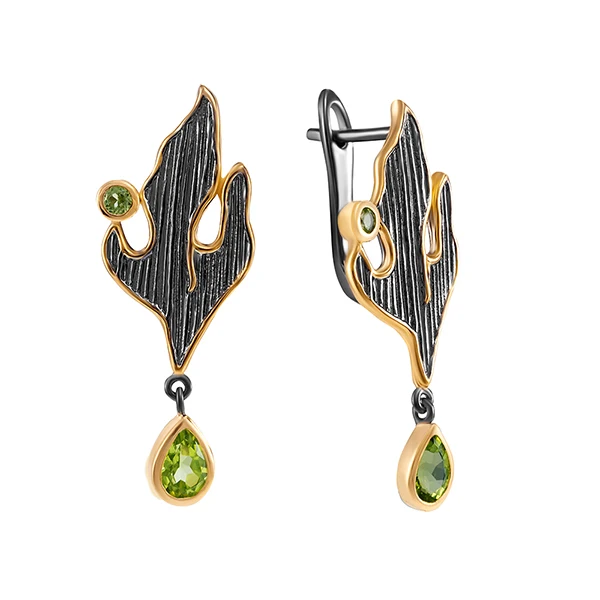 Серьги из черного серебра 925 пробы и желтого с перидотами | Украшения аксессуары