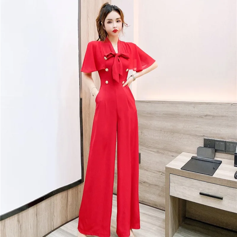 

Design Office Lady Rompers Womens Jumpsuit Bow Tie Overalls Female Summer Wide Leg One Piece Pants Combinaison Femme