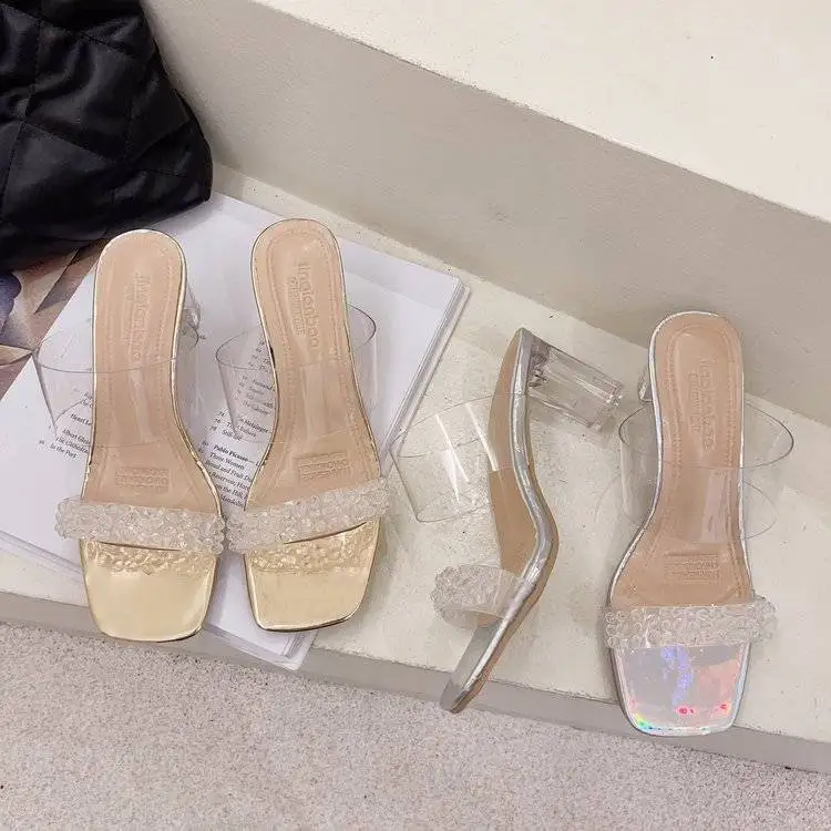 

2021 summer new transparent sandals women thick heel crystal high heel slippers