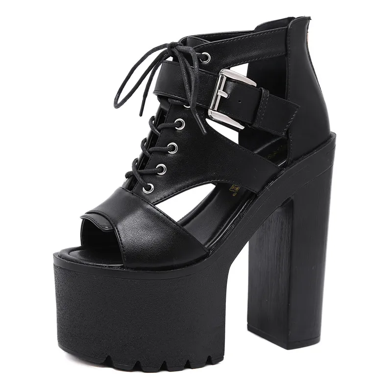 

Hentiangao 16cm show super high heels night club performance leather sandals female fish mouth thick heel waterproof platform