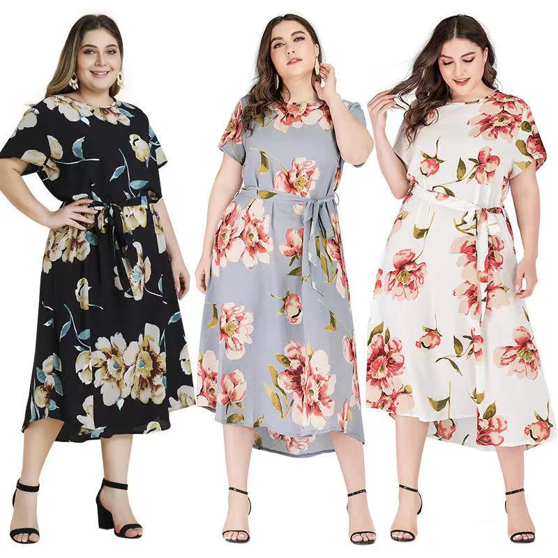 

New style plus size women's summer and autumn print short-sleeved belt casual long loose large swing dress