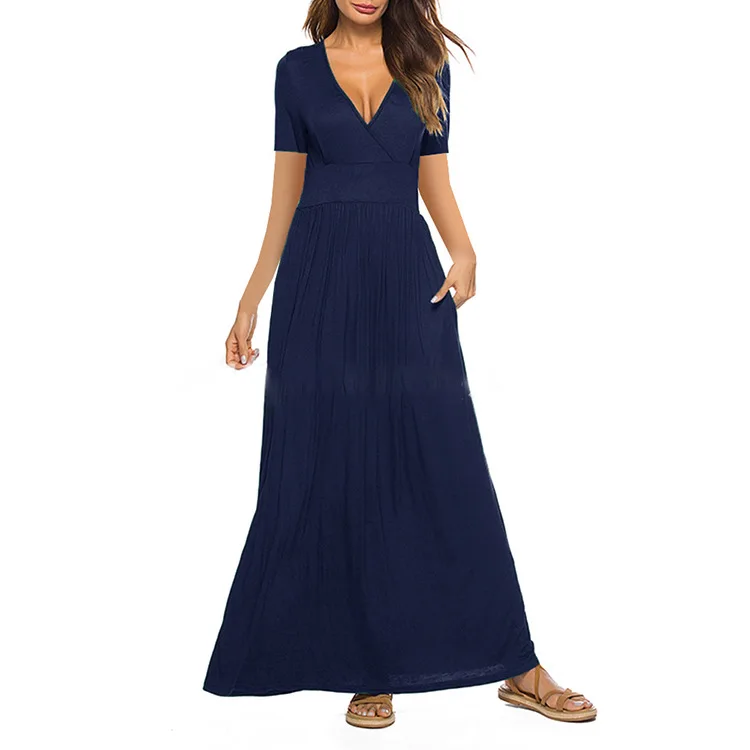 

2021 new ladies summer skirt women's printed V-neck wrap chest short sleeve pocket dress long skirt