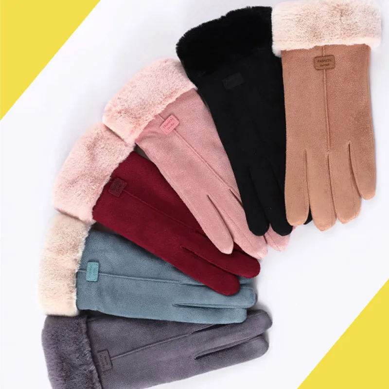 New Winter Female Lace Warm Cashmere Three Ribs Cute Mittens Double Thick Plush Wrist Women Touch Screen Driving Gloves
