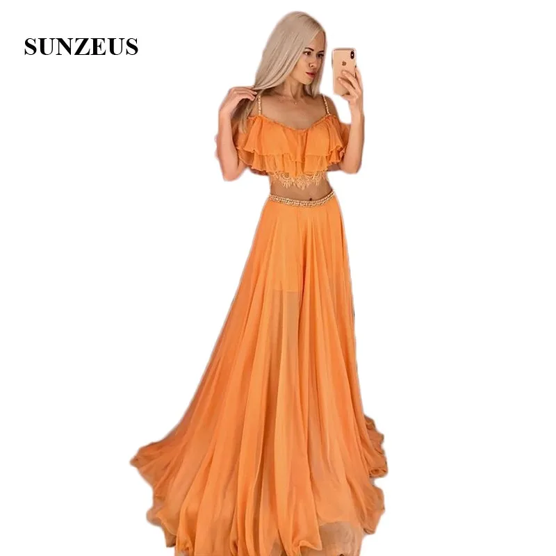 Verkauf Orange Chiffon Zwei Stück Prom Kleider 2019 Schatz Perlen 2 Stück Mädchen Bein Slit Graduation Kleider Vestido Gala Mujer