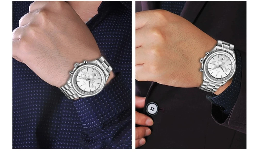 

Автоматические механические мужские часы бренда klockor IK, мужские часы с календарем на 24 часа, светящиеся водонепроницаемые Серебристые полн...