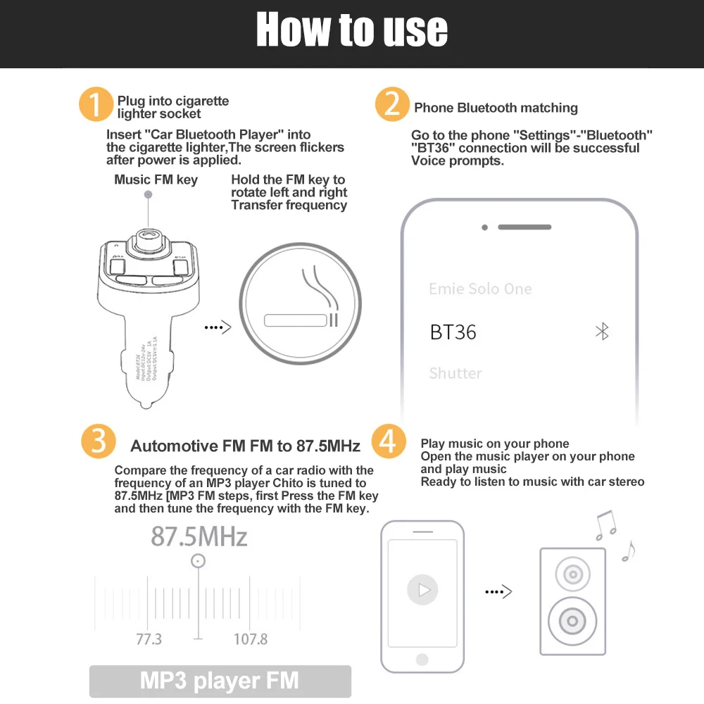 Car FM Transmitter 3.6A MP3 Adapter Bluetooth 5.0 Dual USB TF Card Receiver Stereo Music Charger Handsfree |