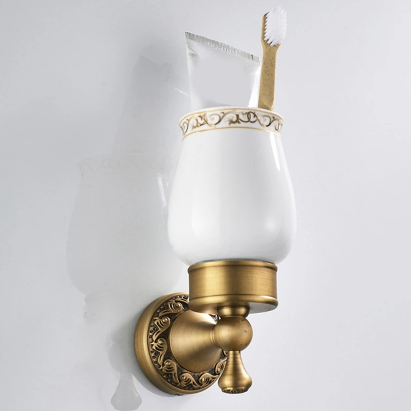 

Antique Brass Wall-Mounted Toothbrush Cup Holder with Ceramic Cup