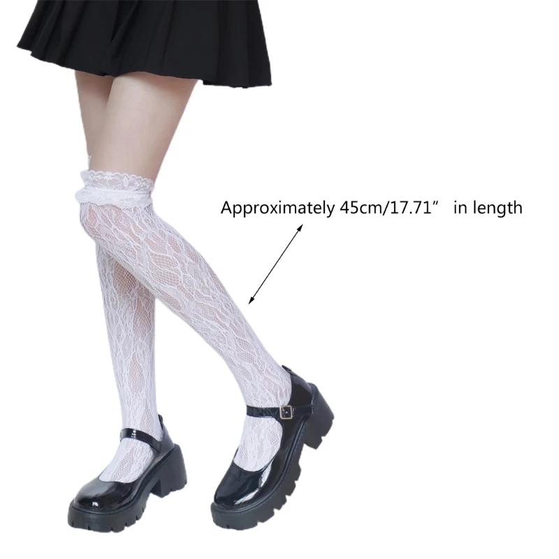 

LXAE Japanese Women Girls Thigh High Stockings Sweet Ruffles Lace Hollow Out Fishnet Patterned Lolita Kawaii Over Knee Long