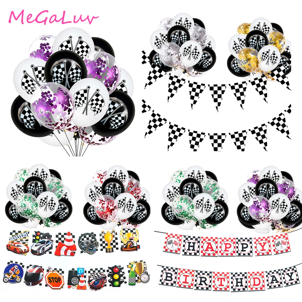 

31PCS 12 Inch Black White Racing Flag Latex Balloon Confetti Balloon Square Racing Theme Party Happy Birthday Banner Supply