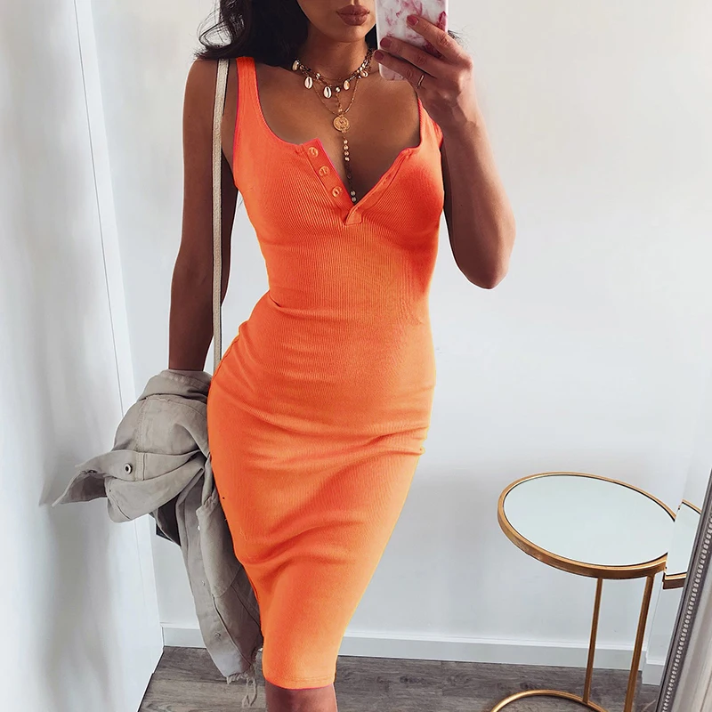 

Knee-Length Knitted Elastic Sleeveless Dress Bodycon Elegant Women 2021 Summer Sexy V-Neck Button Party Slim Skinny Tight Dress