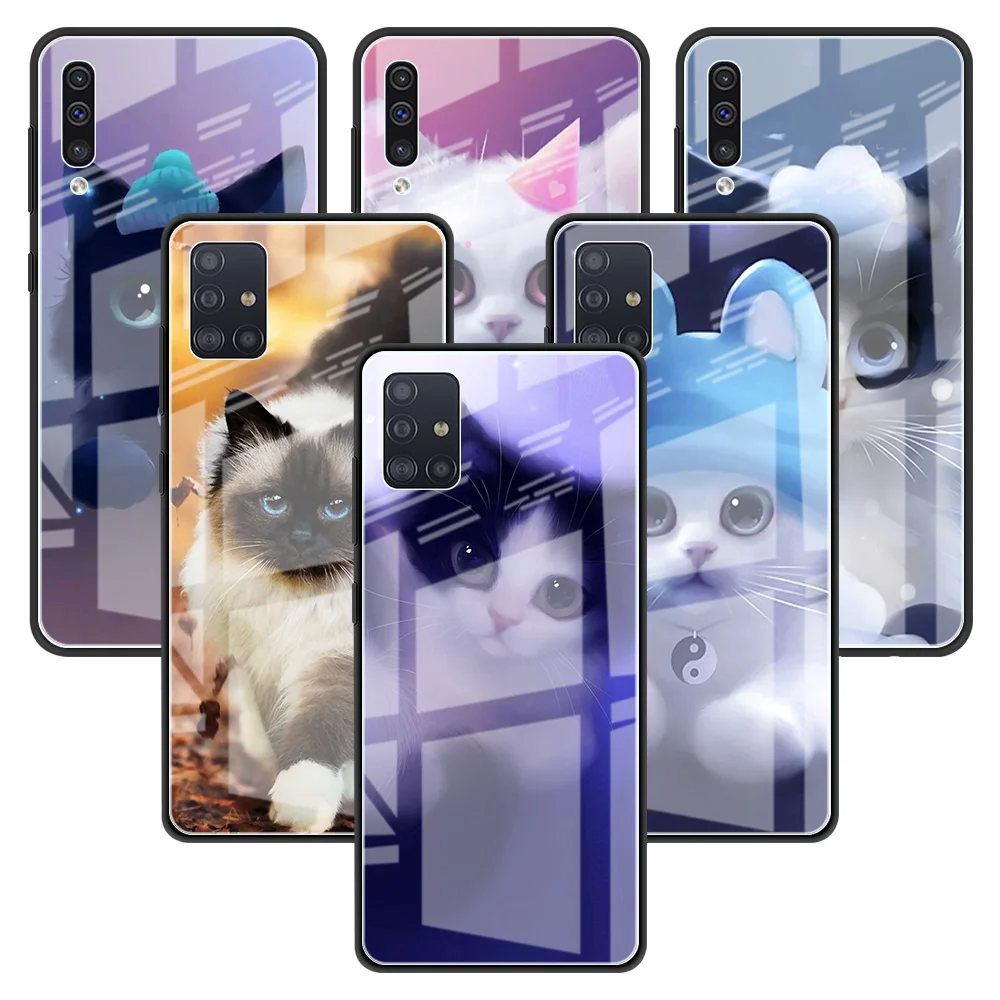

Glass Phone Case For Samsung Galaxy A51 A50 A71 A52 A70 A21s A72 A31 M31 M51 A30 A10 Tempered Back Capa Cute Animal Ca