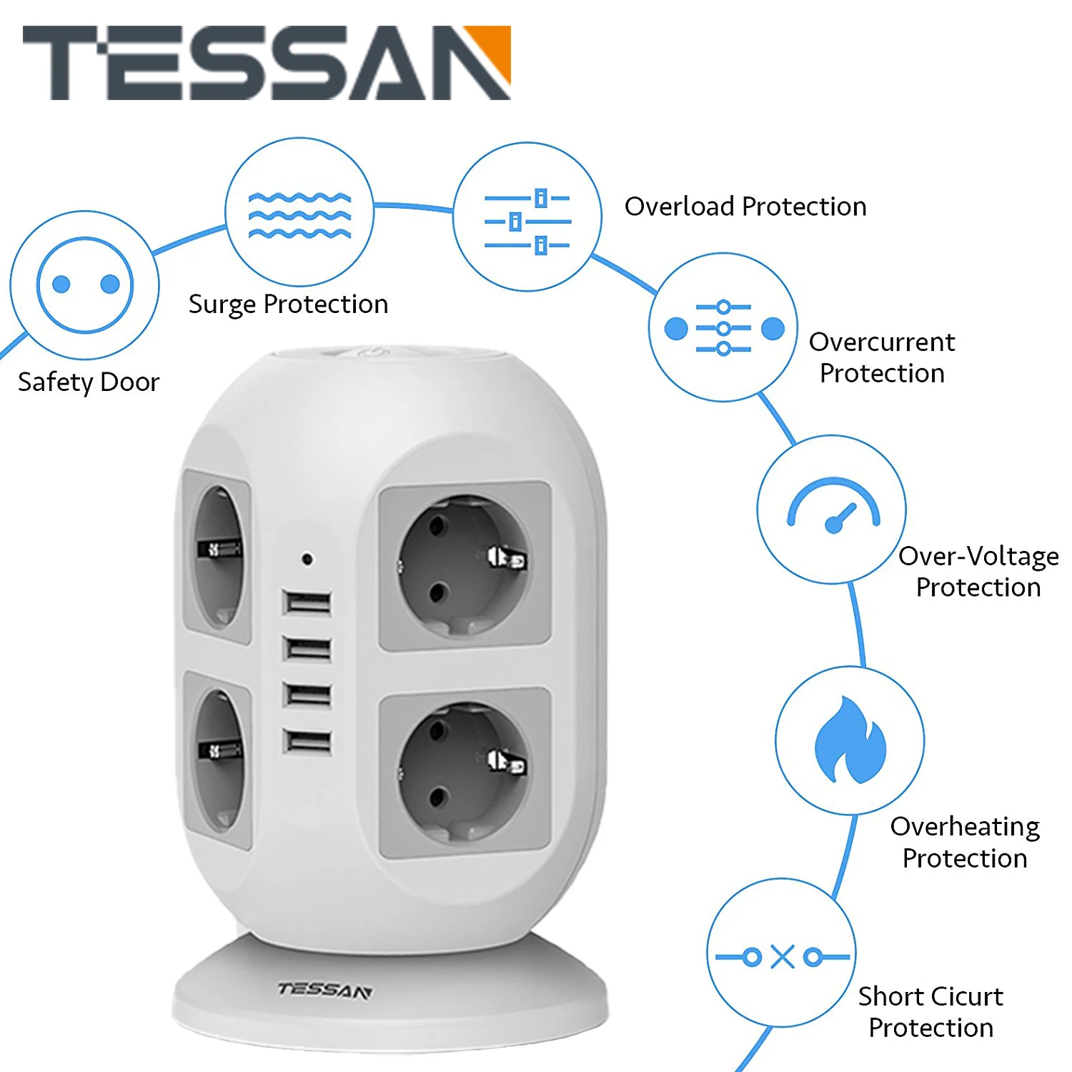 

TESSAN 8-Way Socket Strip (2500W / 10A) with 2M Cable and 4 USB Charge Ports Multi Sockets Tower Power Strip Overload Protection