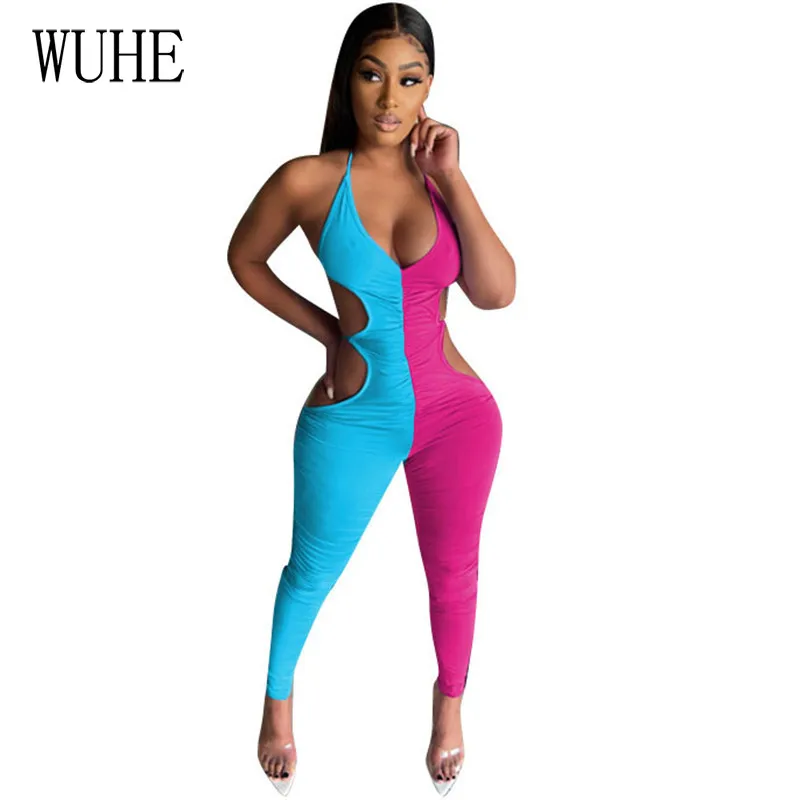 

WUHE Waist Cut Out Sexy Summer Bodycon Jumpsuits Women Elegant Skinny Contrasting Color Hollow Out Bodysuit One Piece Outfits