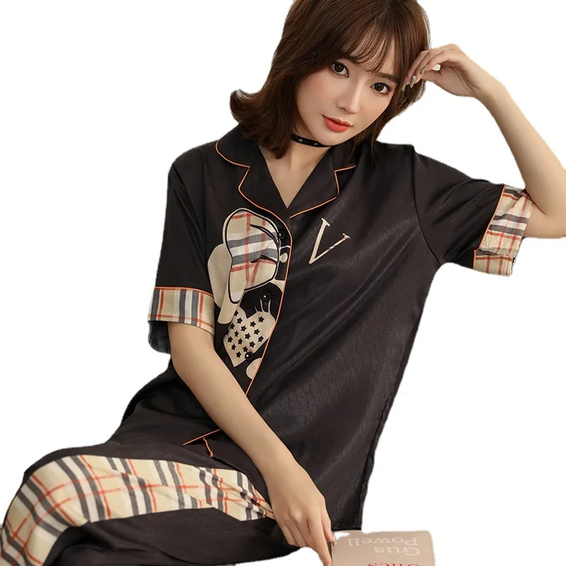 

Pajama Sets Short Cute Trousers Summer Ice Silk Sleepwear Sets Women Wear outside Short-Sleeved Printed Women's Home Clothes