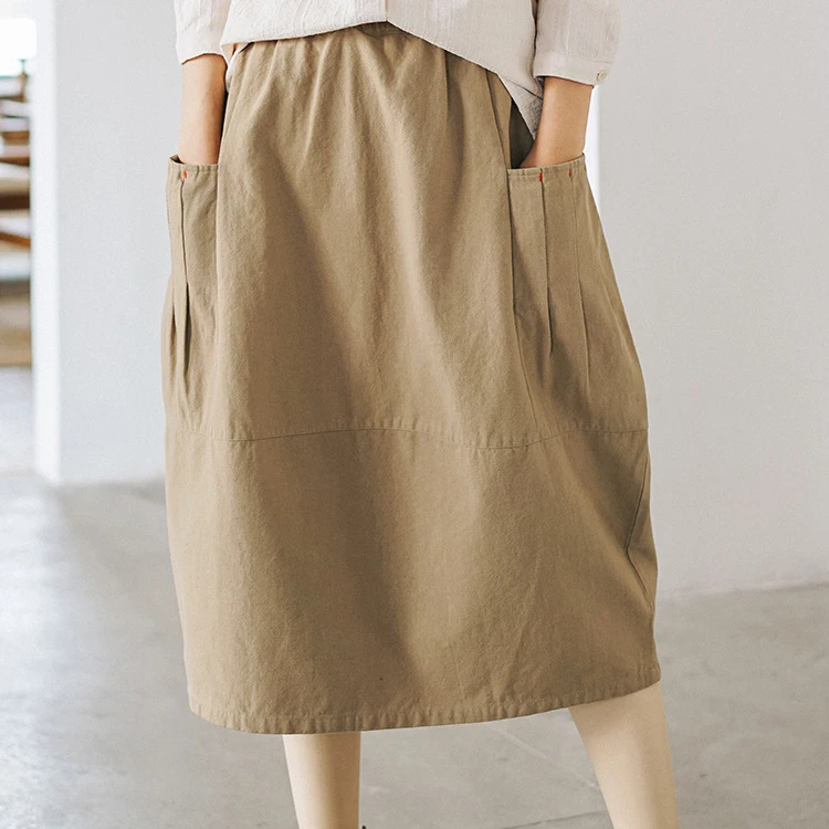 

2020 New High Summer Cotton Midi Length Saia Elastic Waist Women A-Line Skirt With Pocket Faldas Jupe Femme