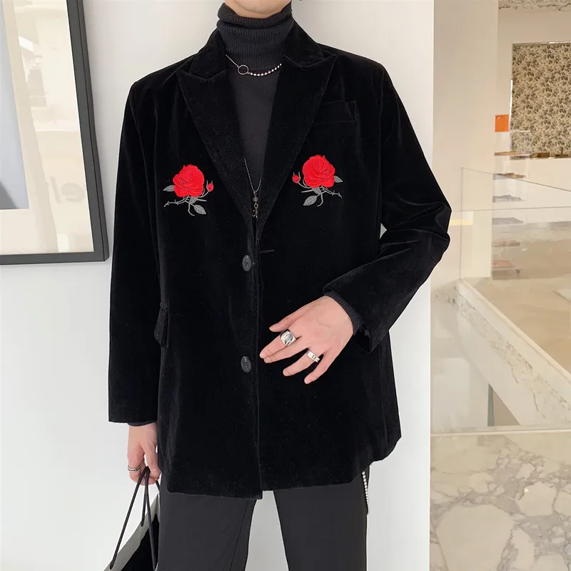 Розовый вышитый блейзер в стиле ретро мужской повседневный бархатный пиджак