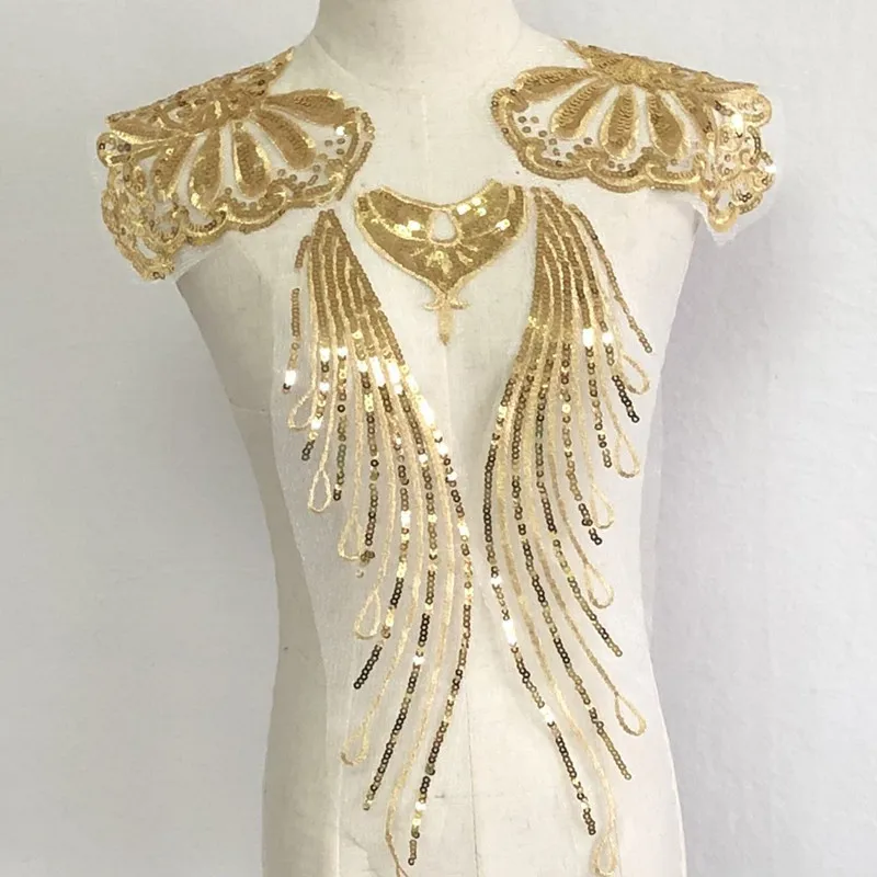 1set/5pc Gold Sequins Lace Applique For Sewing in Lace Trim Patch Wedding Dress DIY Lace Accessories