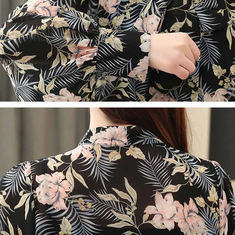 

2021 Autumn Korean Style Cardigan Long Sleeve Women's Blouse Elegant Shirt Lantern Sleeve Bow Tie Print Office Lady Blusas 10675