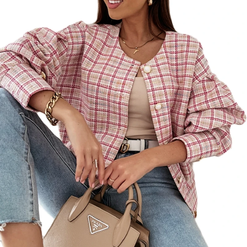 

Women's Checked Jacket Long Sleeve Print Round Neck Buttoned Coat Loose Fit Spring and Autumn 2021 New Casual Fashion Concise