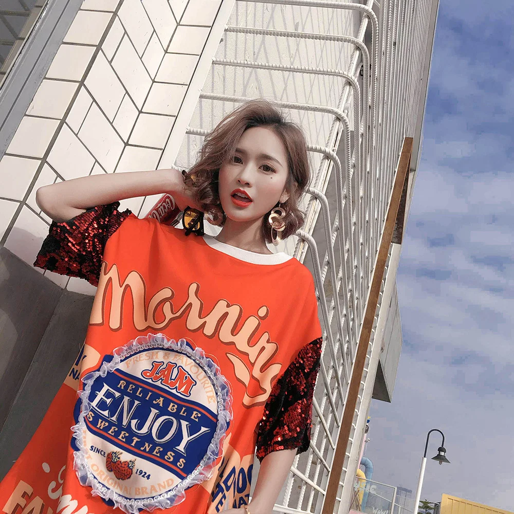 Летние 2020 в стиле хип-хоп с пайетками футболка короткими рукавами для женщин