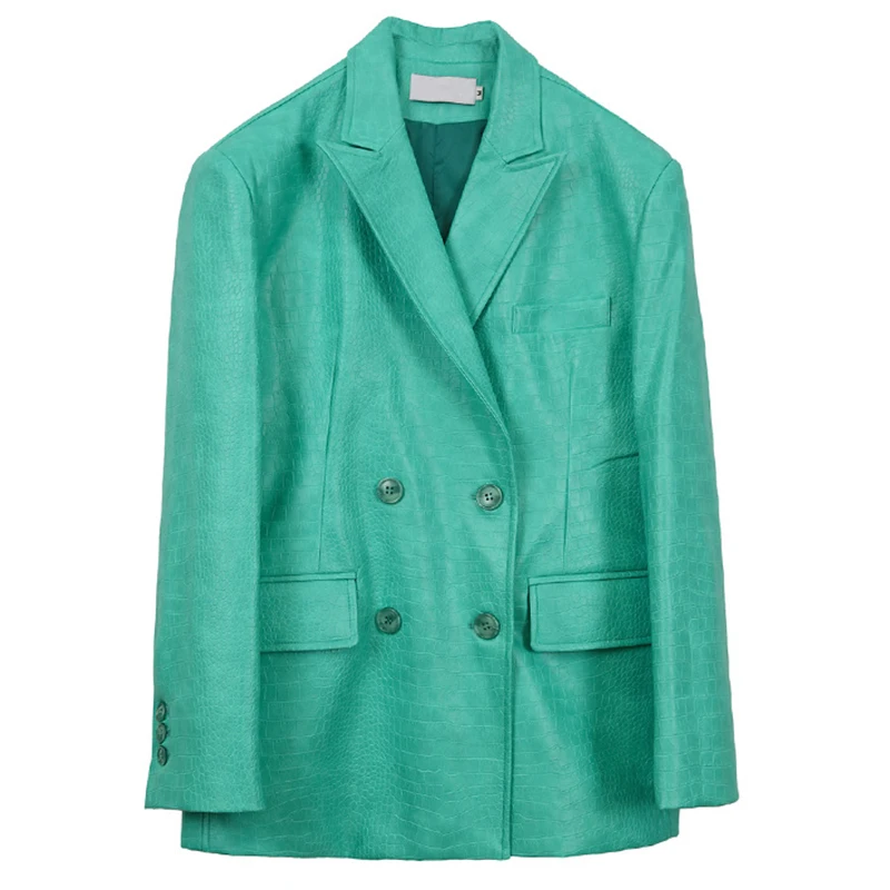 

[EAM] Women Green Pu Leather Big Size Blazer New Lapel Long Sleeve Loose Fit Jacket Fashion Tide Spring Autumn 2021 1DD6438