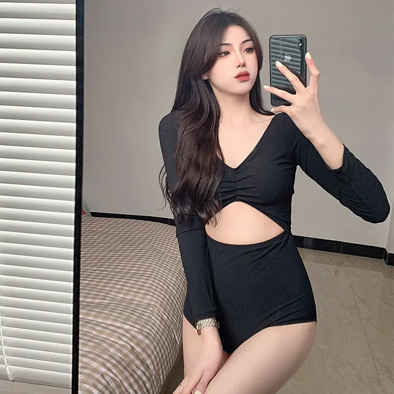 

Swimsuit Women One Piece Bathing Suit Bikini Set New Black Retro Long Sleeve Ins Backless Hot Print Polyester Sierra Surfer