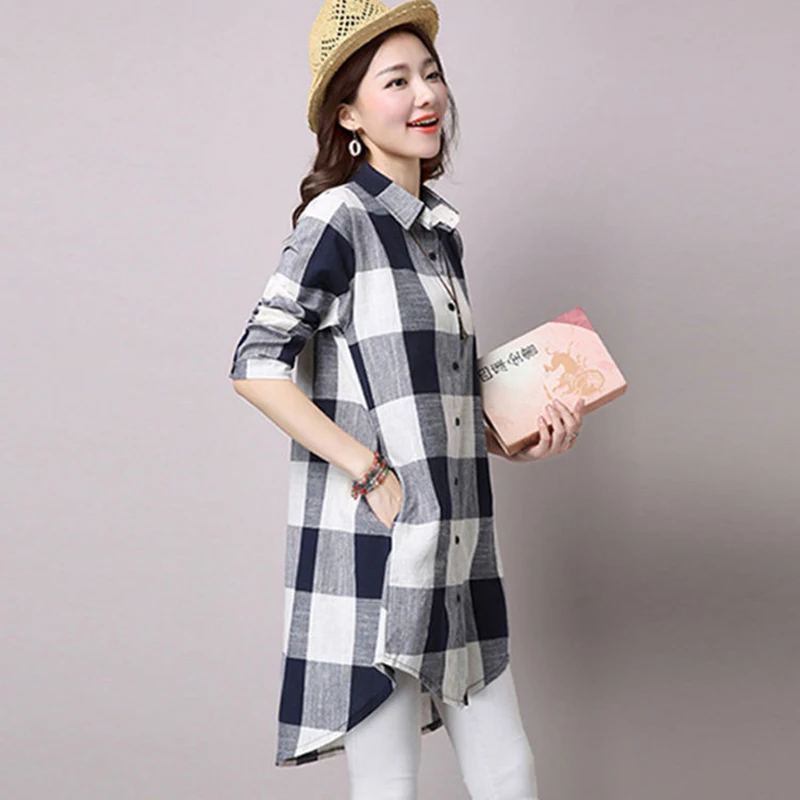 Блузка женская однобортная в клетку Повседневная Свободная винтажная рубашка