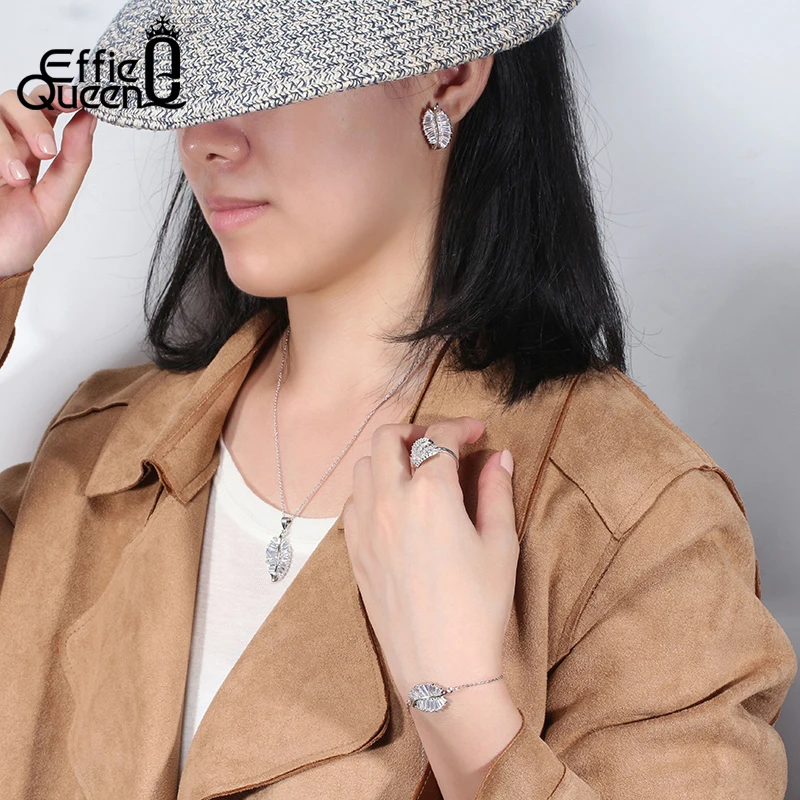 

Effie Queen S925 Silver Stud Earrings Original Design Leaf Shape Shinny Zircon Earrings Female Accessories Wedding Jewelry SE320