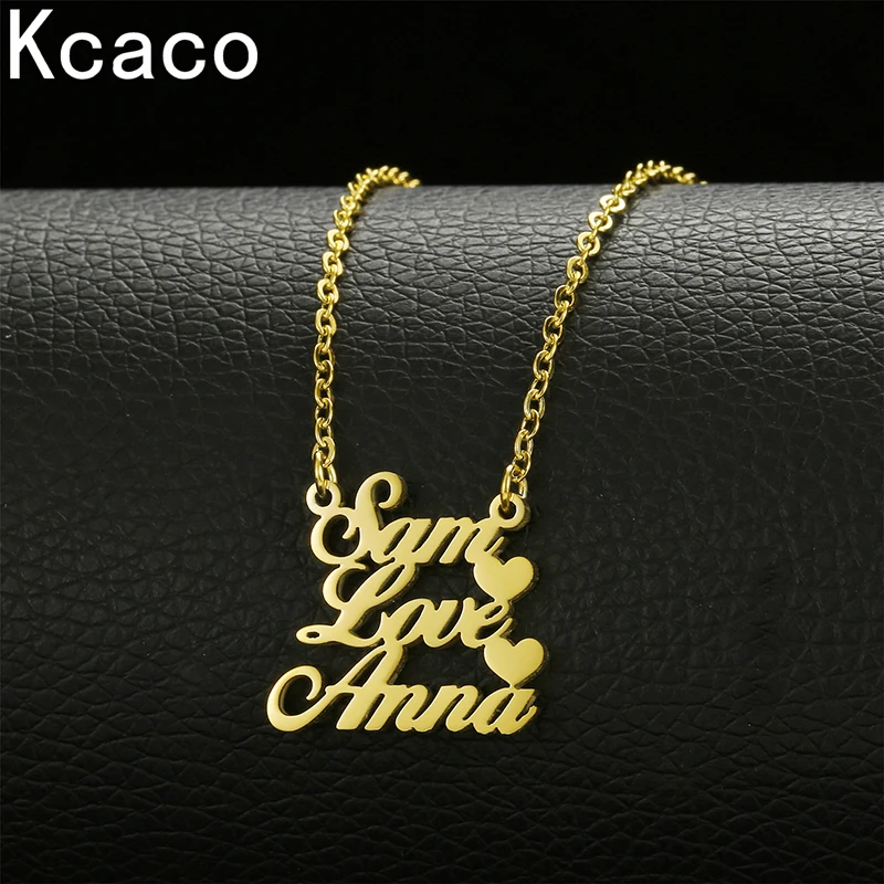 Kcaco Customized Three Layers Fashion Stainless Steel Name Necklace Personalized Letter Multiple Heart Pendant Nameplate Gift