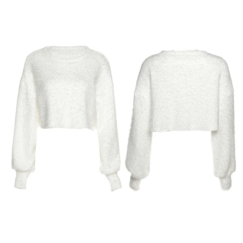 Женский Пушистый свитер с длинным рукавом и круглым вырезом однотонный пушистый