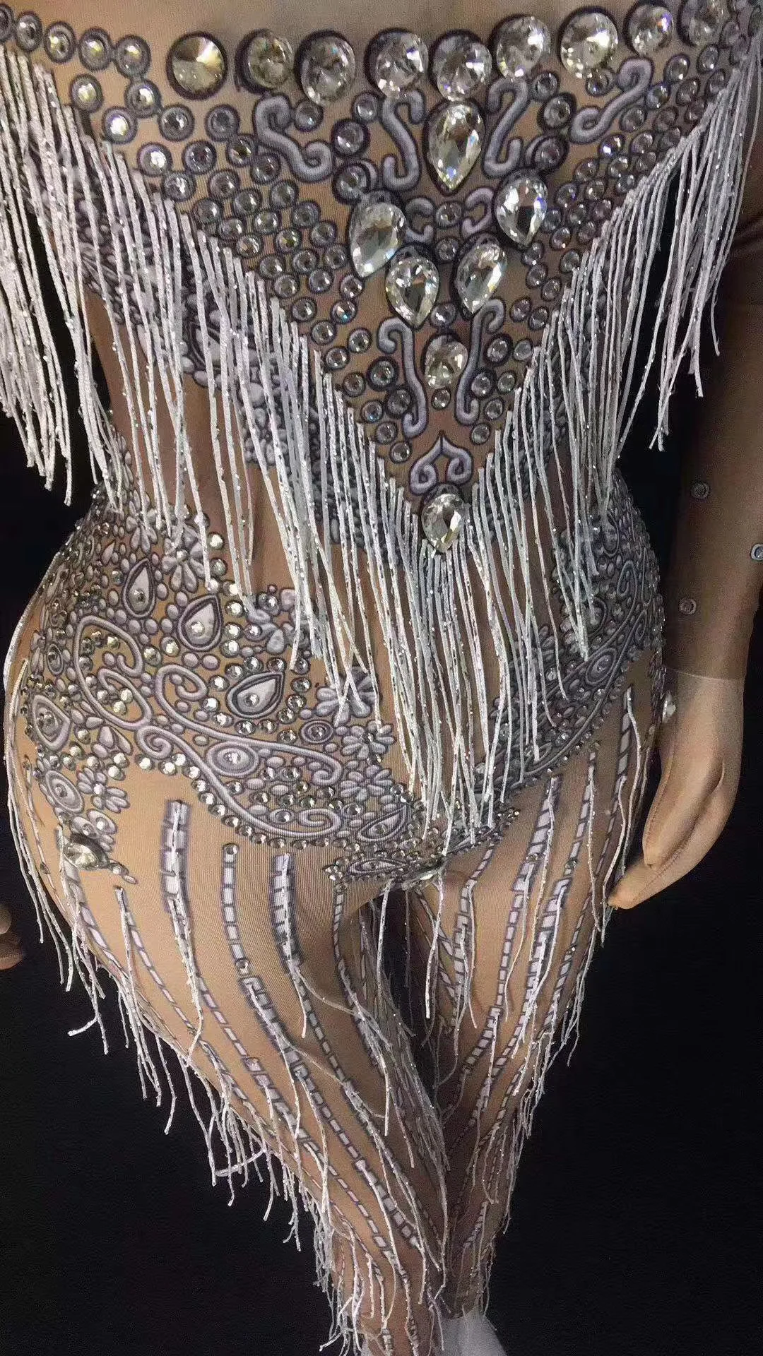 Shining Women Long Sleeve Skinny Mesh Jumpsuits Bar DS Show Stage Performance Silver Tassel Bodysuit Jazz Dance Costumes