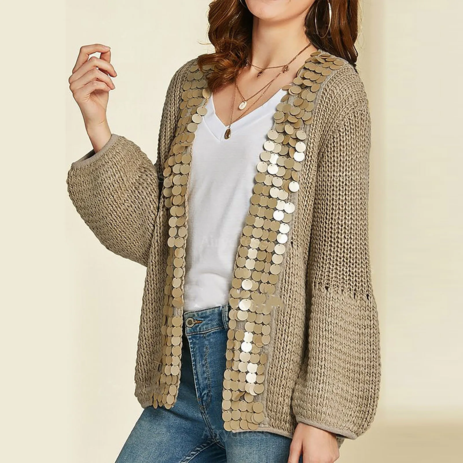 

Sweater Woman Sequins Mohair Hollow Knitted Cardigan Shirt Solid Color Stitching Sequin Knitted Cardigan Fashion Sweater