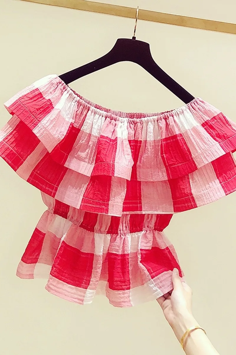 

2021 Summer New Korean Style Ruffled Off Strapless Shirt Women's Slim Waist Strapless Sexy Plaid Blouse Fashion
