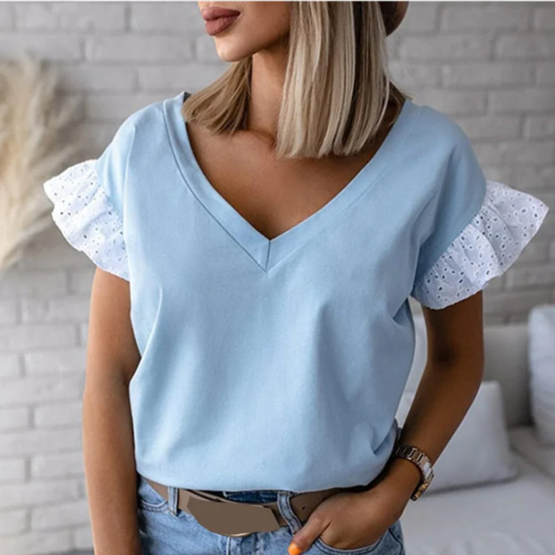 

Plus Ruffles Short Sleeve T-shirts Women Solid V-neck Loose T-shirt Elegant All-match 2021 Summer Casual Ladies Top