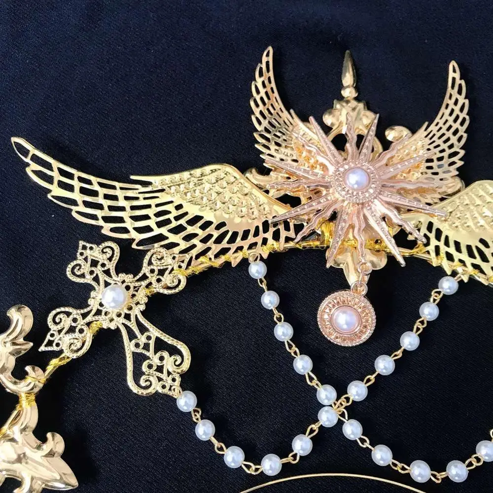 

Gothic Lolita KC Gothic Gold Halo Angel Wings Sun Godmother's Virgin Mary Goddess Headpiece Bead Chain Bride Hair Accessories